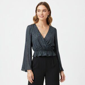 Show Me Your Mumu Black Animal Leopard Print Faux Wrap Blouse Top M